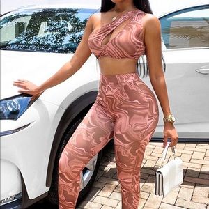 Marble Print One Shoulder Cut Out Crop Top & Leggings Set